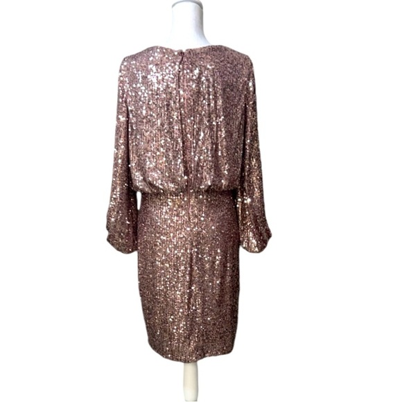 Eliza J Rose Gold Mauve Sequin Dress Faux Wrap Stretch waist sz 10 - Picture 3 of 10
